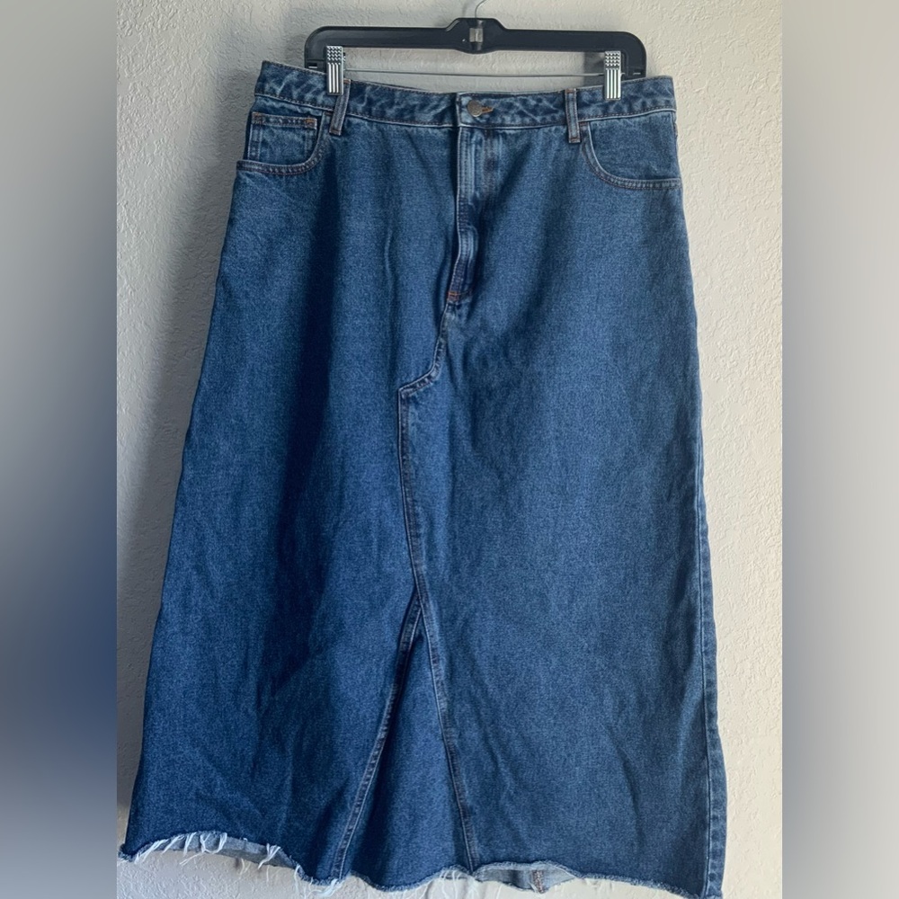 Lucy & Yak  Blue Denim Long Skirt 34 Casual A-Line Raw Frayed Hem Pockets
